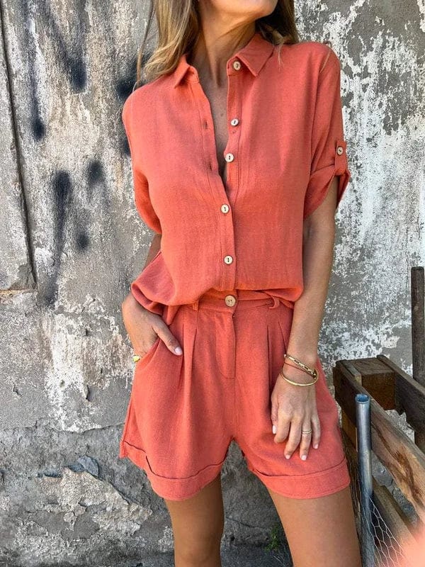 Effortless Linen Two Piece Set for Women with Collar Elbow Sleeve Button Front Relaxed Style