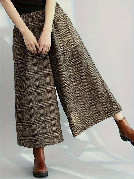 Effortless Plaid Wide Leg Pants for Women with High Waist Pocket Cropped Flowing Casual Style