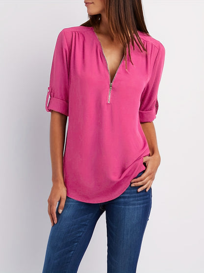 Effortless Chiffon Blouse for Women with V Neck Zip Front Roll Tab Sleeve Relaxed Style