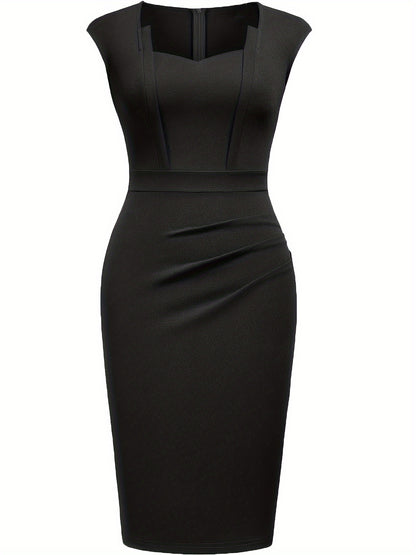 Elegant Sheath Midi Dress for Women with Sweetheart Neck Cap Sleeve Ruched Bodycon Style