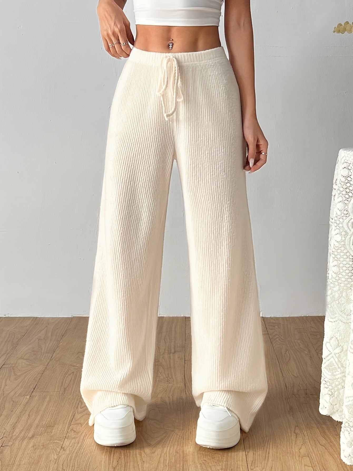 Effortless Ribbed Knit Wide Leg Pants for Women with High Waist Drawstring Relaxed Casual Style