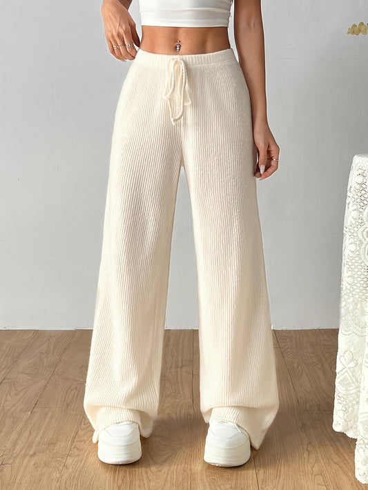 Effortless Ribbed Knit Wide Leg Pants for Women with High Waist Drawstring Relaxed Casual Style