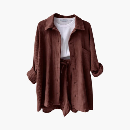 Effortless Cotton Gauze Two Piece Set for Women with Collared Button Front Long Sleeve Drawstring Shorts Relaxed Style