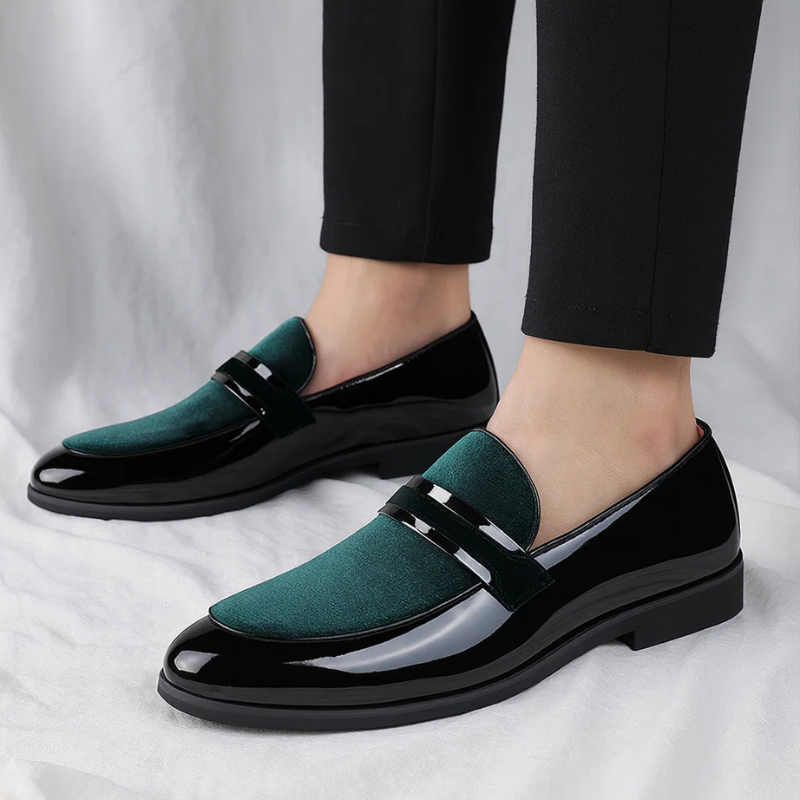 Elegant Velvet Patent Leather Loafer for Women with Pointed Toe Slip On Metallic Bar Formal Style