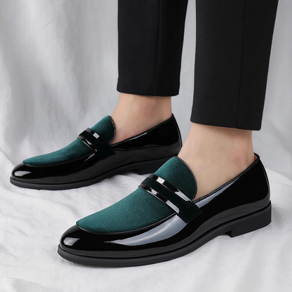 Elegant Velvet Patent Leather Loafer for Women with Pointed Toe Slip On Metallic Bar Formal Style