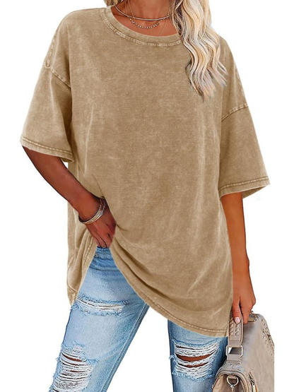 Comfortable Washed Cotton Tunic Top for Women with Crew Neck Short Sleeve Curved Hem Oversized Casual Style
