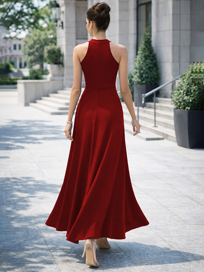 Elegant Satin Maxi Dress for Women with Halter Neck High Slit A Line Formal Wedding Guest Style