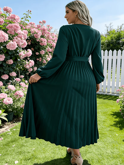 Elegant Pleated Wrap Maxi Dress for Women with V Neck Long Sleeve Belted Flowing Style