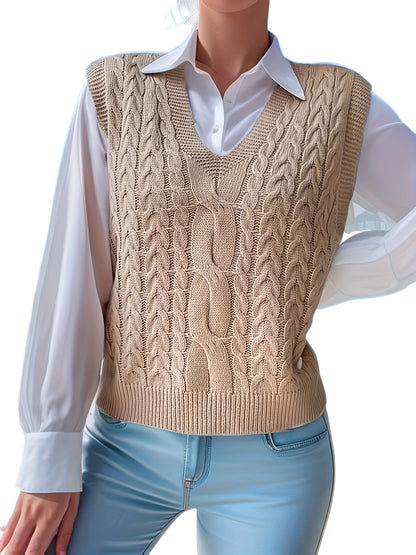 Comfortable Cable Knit Sweater Vest for Women with V Neck Sleeveless Cropped Relaxed Style