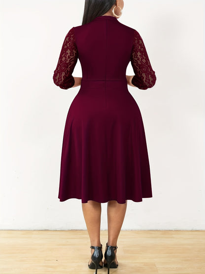 Elegant Lace Midi Dress for Women with Notch Neck Three Quarter Sleeve Fit and Flare Cocktail Style