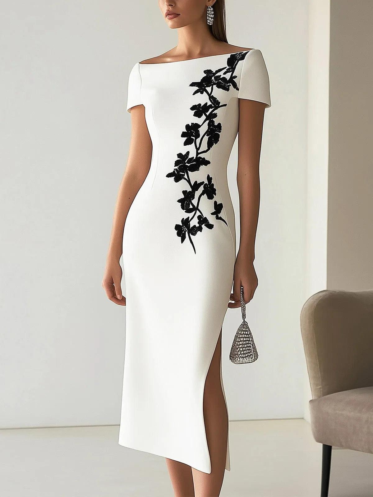 Elegant White Floral Lace Midi Dress for Women with Boat Neck Short Sleeve Side Slit Sheath Style
