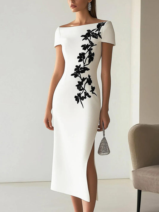 Elegant White Floral Lace Midi Dress for Women with Boat Neck Short Sleeve Side Slit Sheath Style