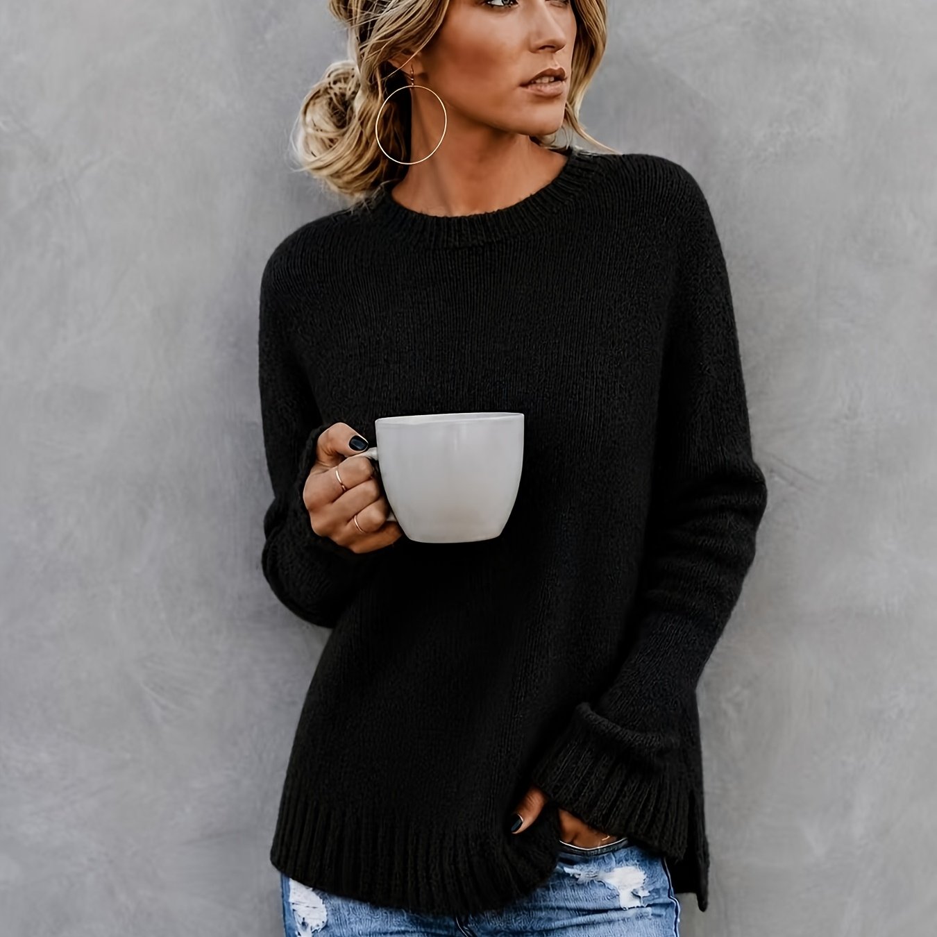 Comfortable Knit Sweater for Women with Crew Neck Bell Sleeve Side Slit Oversized Style
