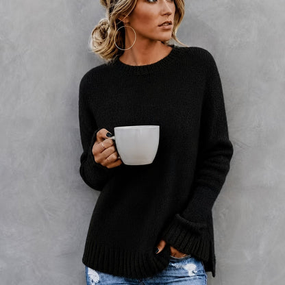 Comfortable Knit Sweater for Women with Crew Neck Bell Sleeve Side Slit Oversized Style