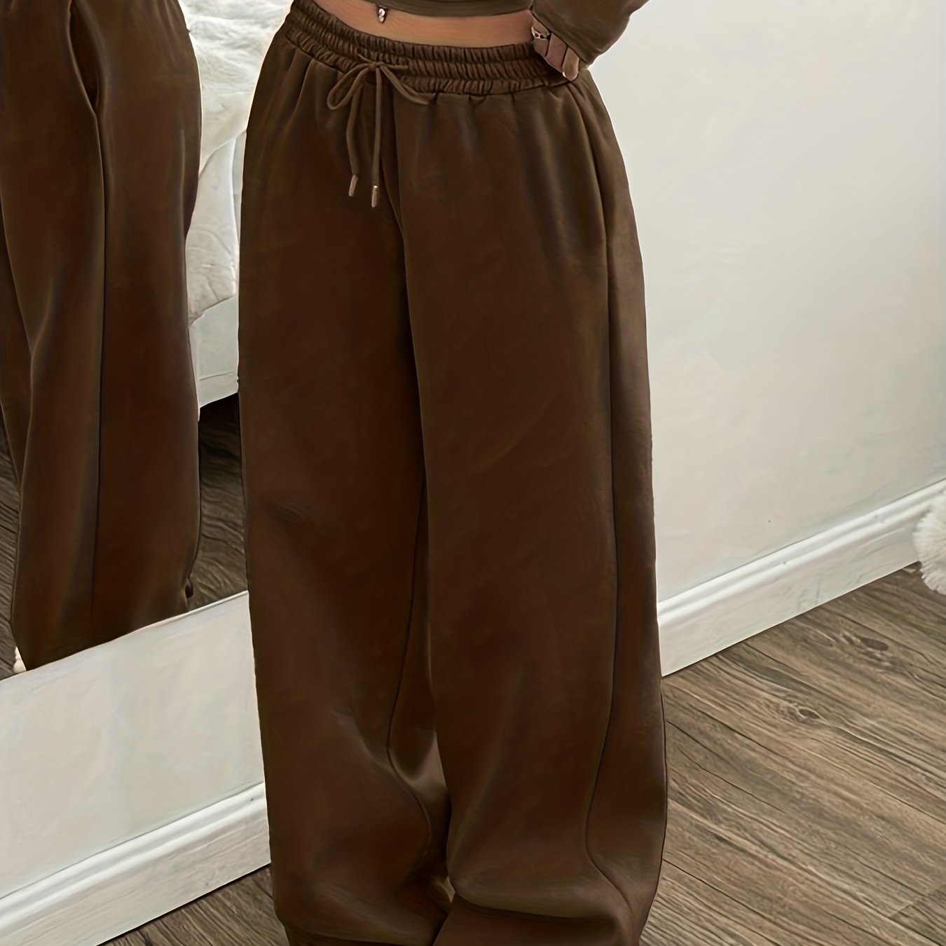 Effortless Coffee Brown Wide Leg Sweatpants for Women with High Waist Drawstring Relaxed Casual Style