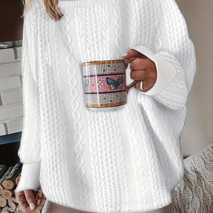 Comfortable Cable Knit Sweater for Women with Round Neck Long Sleeve Relaxed Oversized Knit Style
