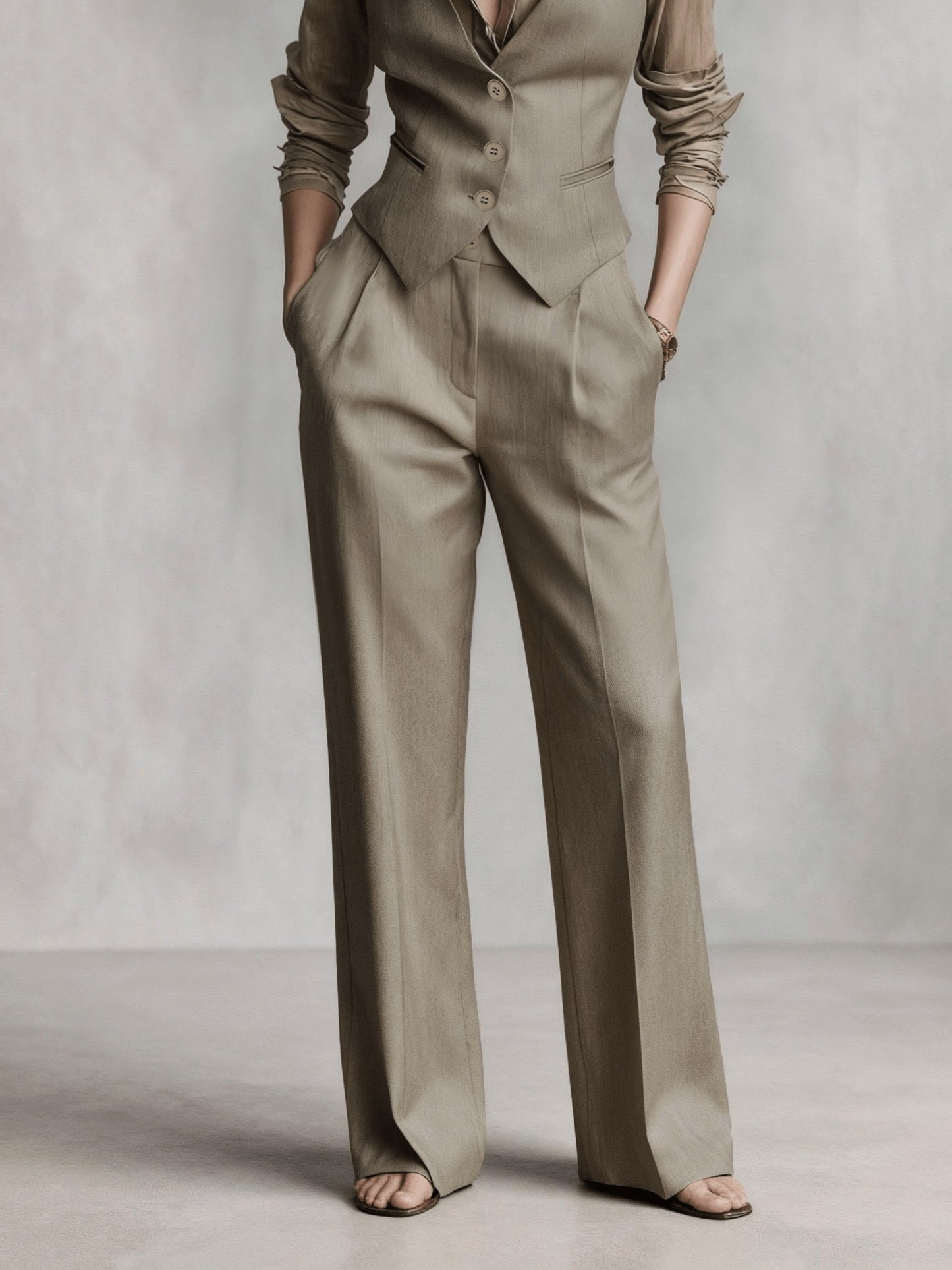 Elegant Coffee Brown Three Piece Set for Women with Button Front Vest Sheer Blouse Wide Leg Pant Casual Style