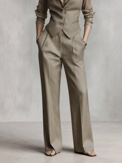 Elegant Coffee Brown Three Piece Set for Women with Button Front Vest Sheer Blouse Wide Leg Pant Casual Style