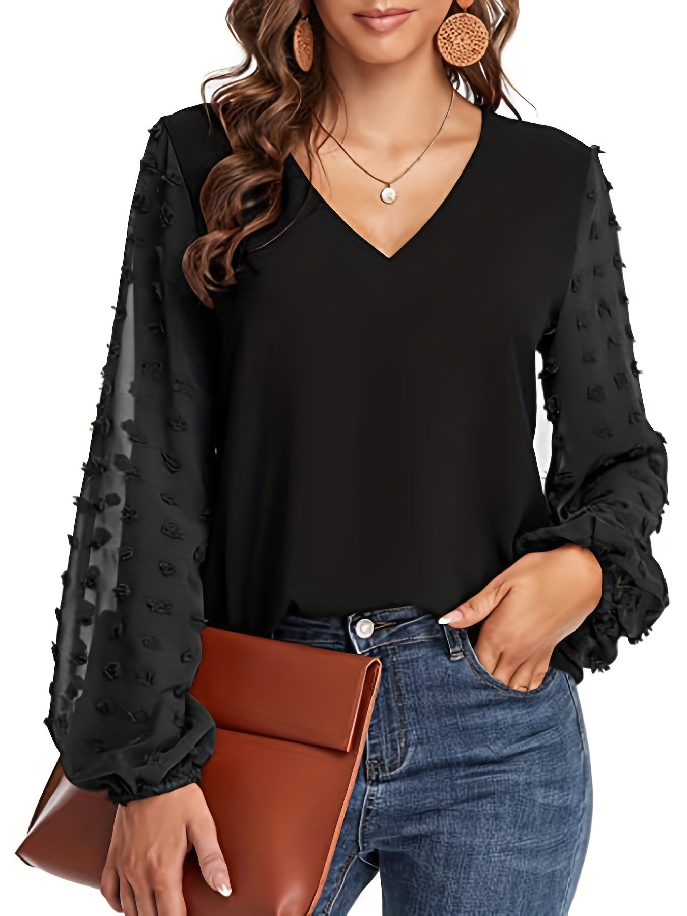Elegant Swiss Dot Blouse for Women with V Neck Balloon Sleeve Relaxed Silky Style