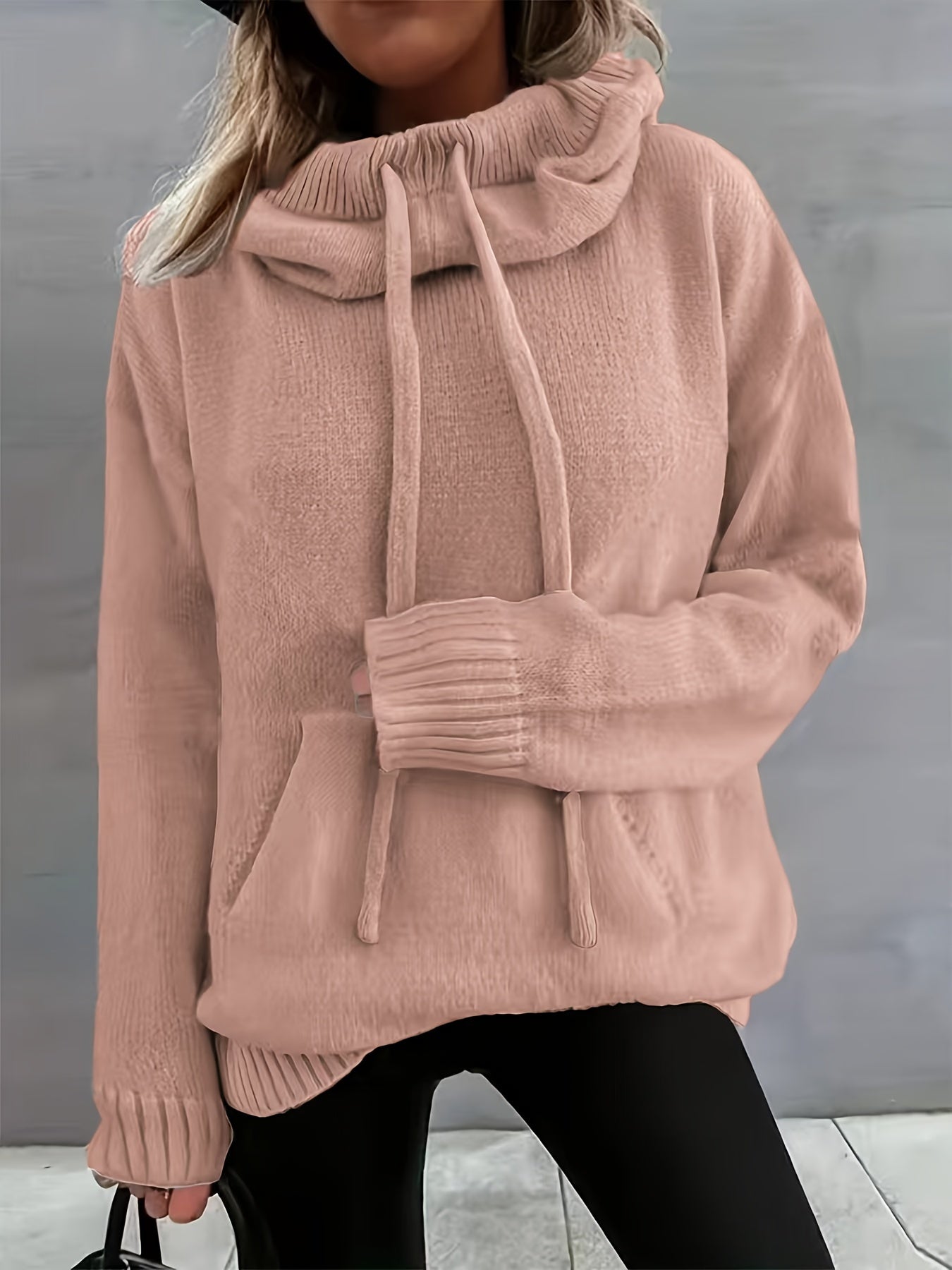 Comfortable Knit Sweater for Women with Cowl Neck Long Sleeve Drawstring Oversized Relaxed Style