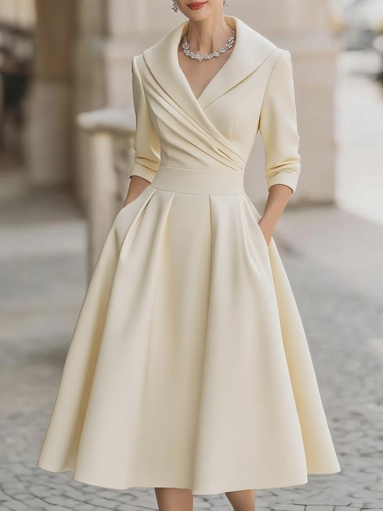 Elegant Satin Midi Dress for Women with Wrap V Neck Elbow Sleeve Pleated A Line Cocktail Style