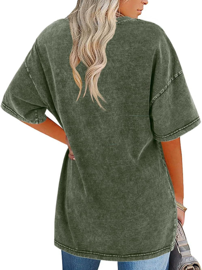 Comfortable Washed Cotton Tunic Top for Women with Crew Neck Short Sleeve Curved Hem Oversized Casual Style