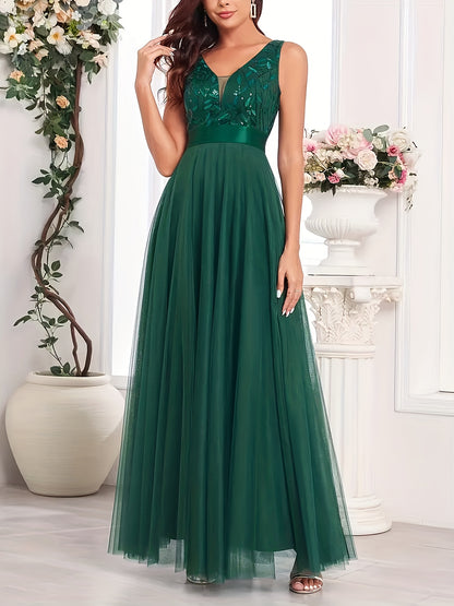 Elegant Embroidered Sequin Maxi Dress for Women with V Neck Sleeveless A Line Formal Wedding Guest Style