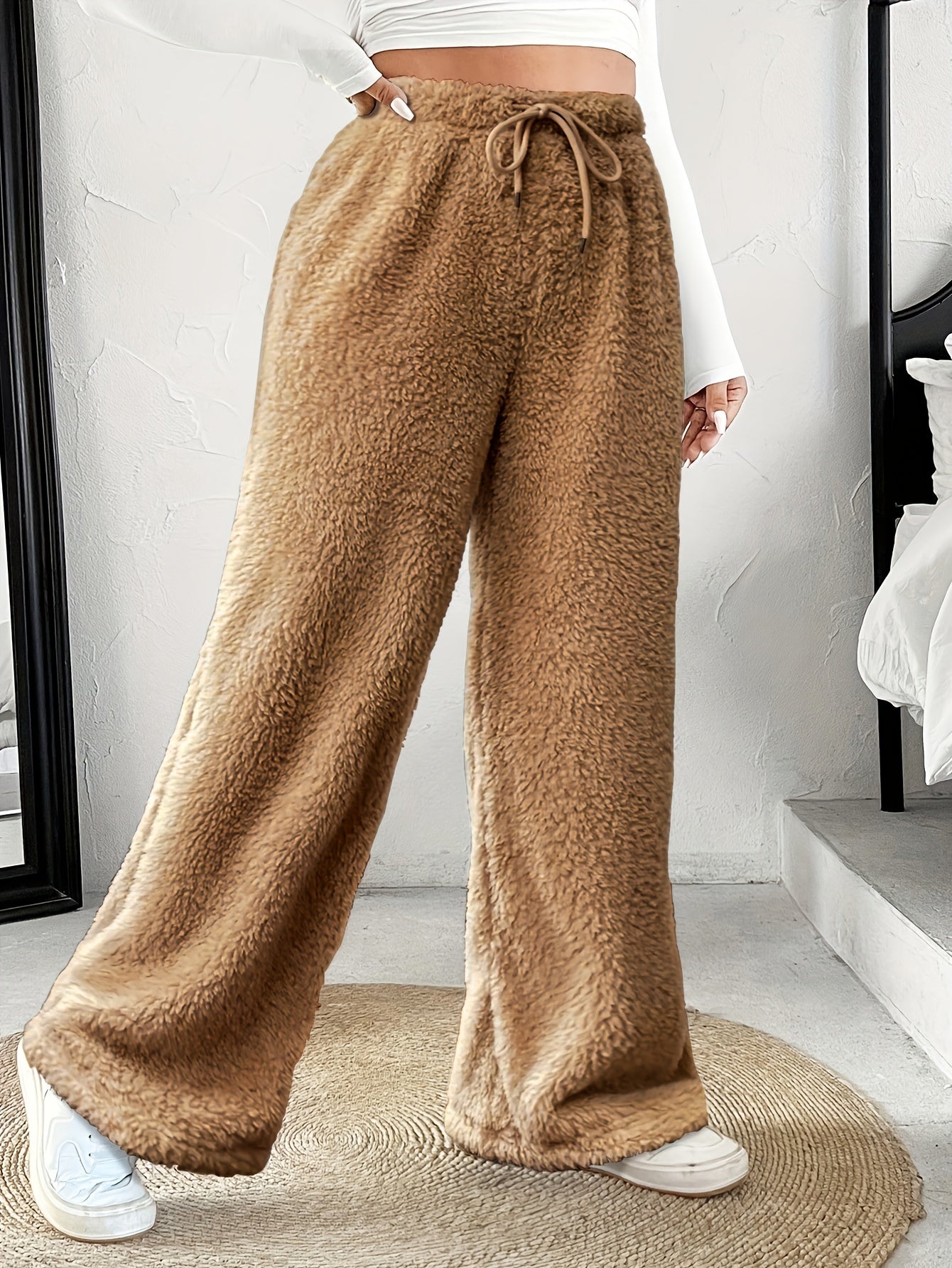 Effortless Fuzzy Fleece Wide Leg Pants for Women with High Waist Drawstring Relaxed Cozy Style