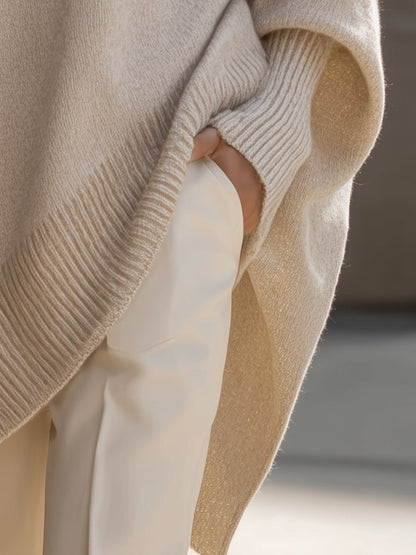 Comfortable Knit Sweater for Women with Crew Neck Batwing Sleeve Asymmetric Hem Oversized Style