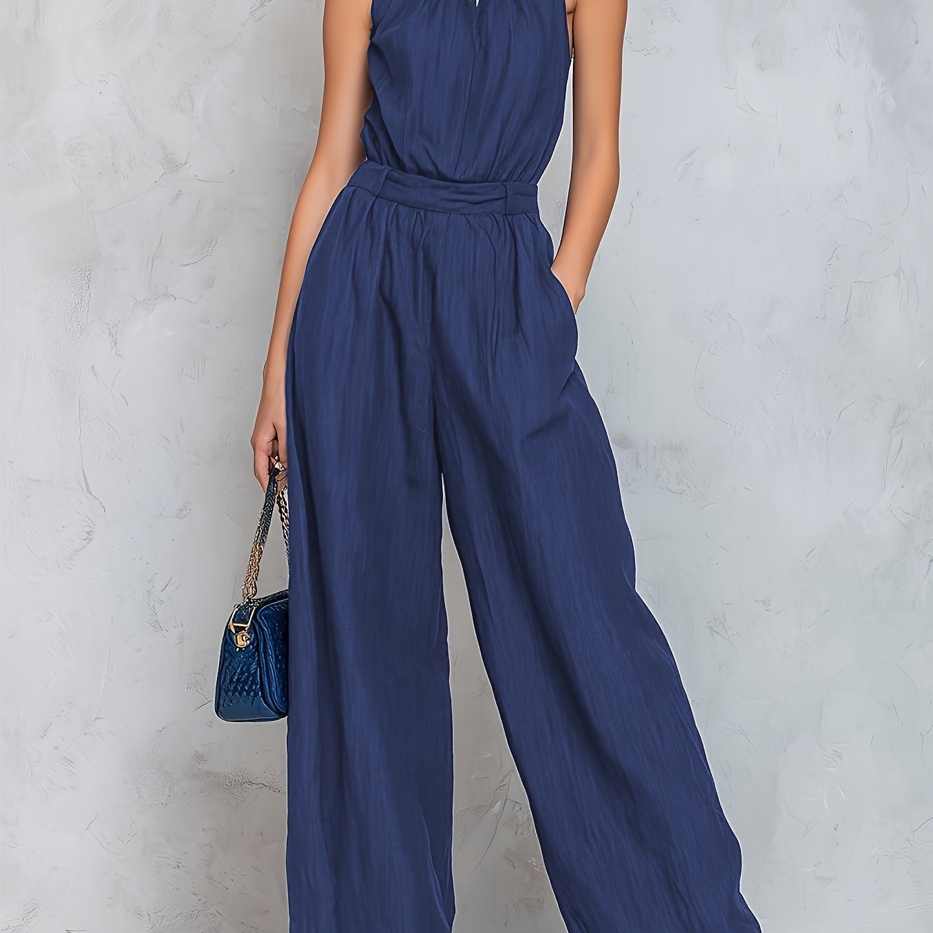 Elegant Blue Wide Leg Jumpsuit for Women with Halter Neck Keyhole Sleeveless Relaxed Style