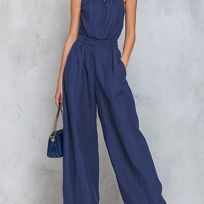 Elegant Blue Wide Leg Jumpsuit for Women with Halter Neck Keyhole Sleeveless Relaxed Style