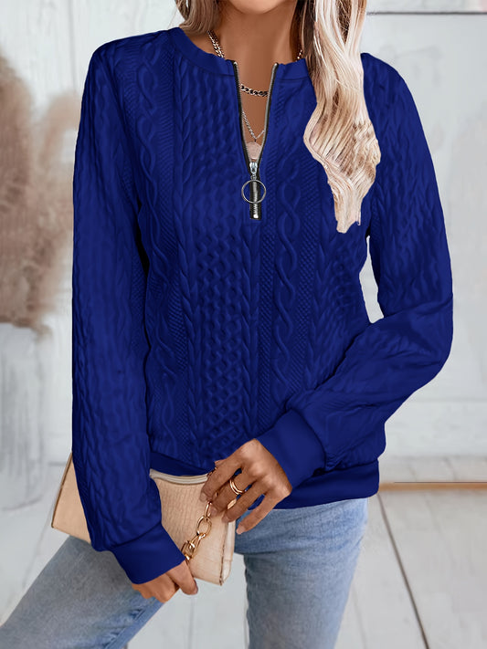 Comfortable Textured Sweater for Women with Zip Neck Long Sleeve Relaxed Oversized Knit Style