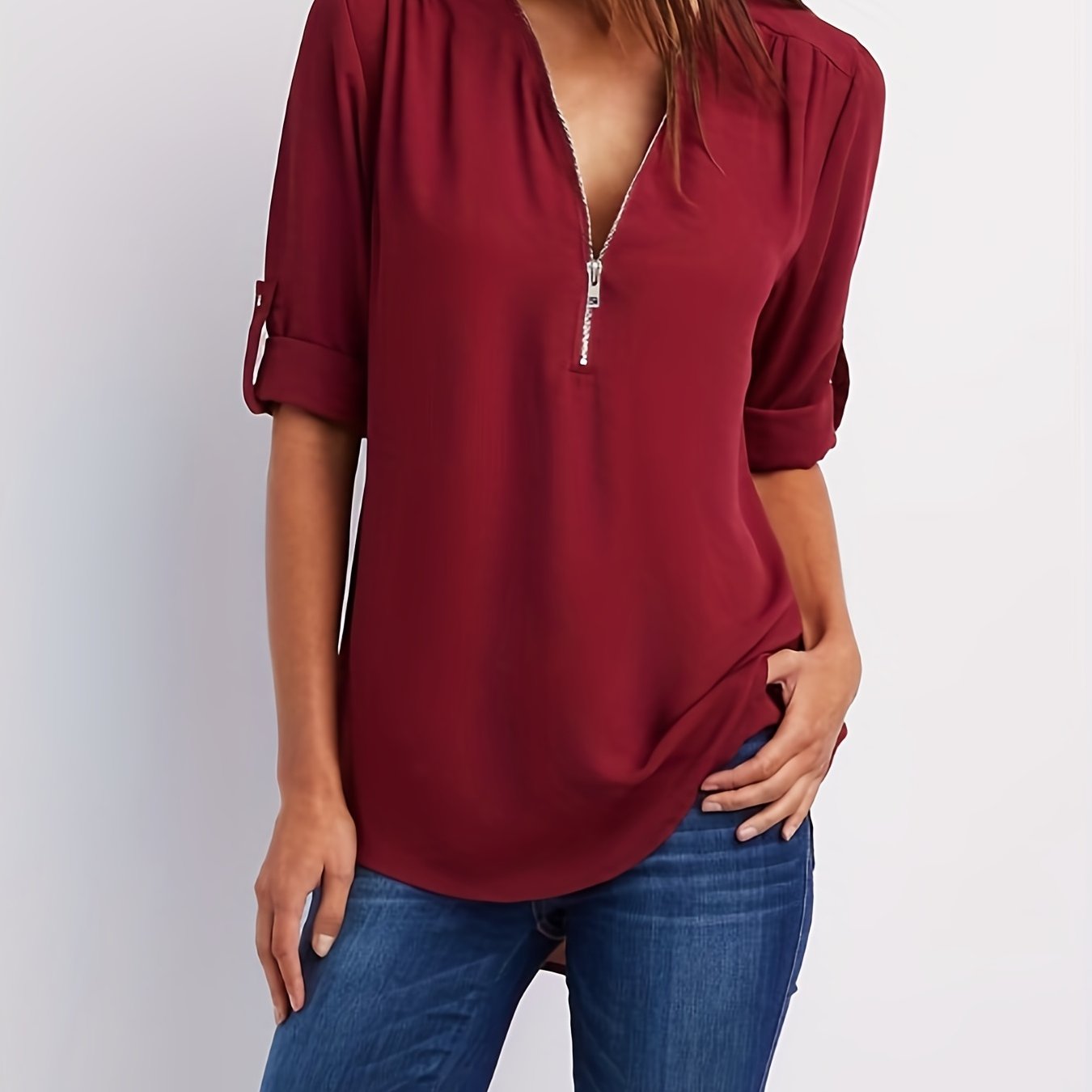 Effortless Chiffon Blouse for Women with V Neck Zip Front Roll Tab Sleeve Relaxed Style