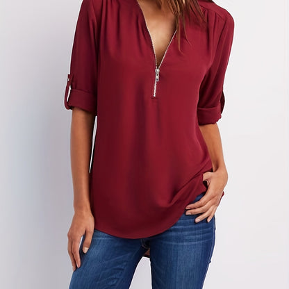 Effortless Chiffon Blouse for Women with V Neck Zip Front Roll Tab Sleeve Relaxed Style