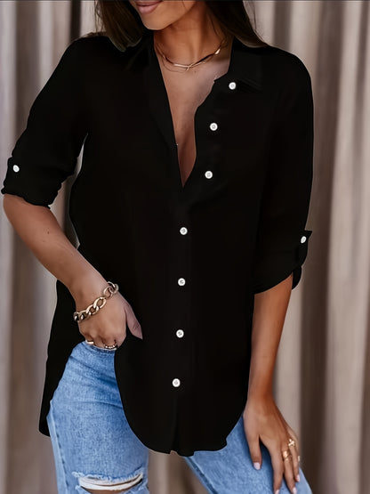 Effortless Button Front Blouse for Women with Collar Long Sleeve Relaxed Oversized Casual Style