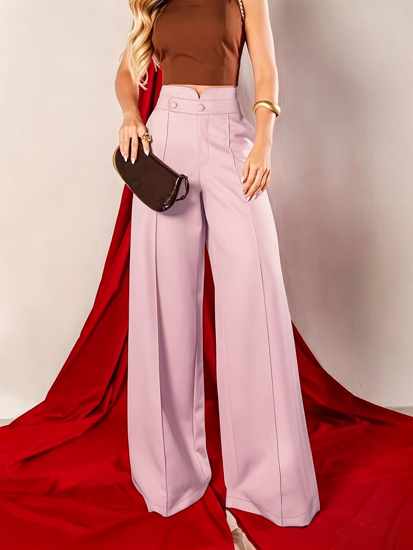 Elegant Khaki Wide Leg Pants for Women with High Waist Notched Button Tailored Flowing Style