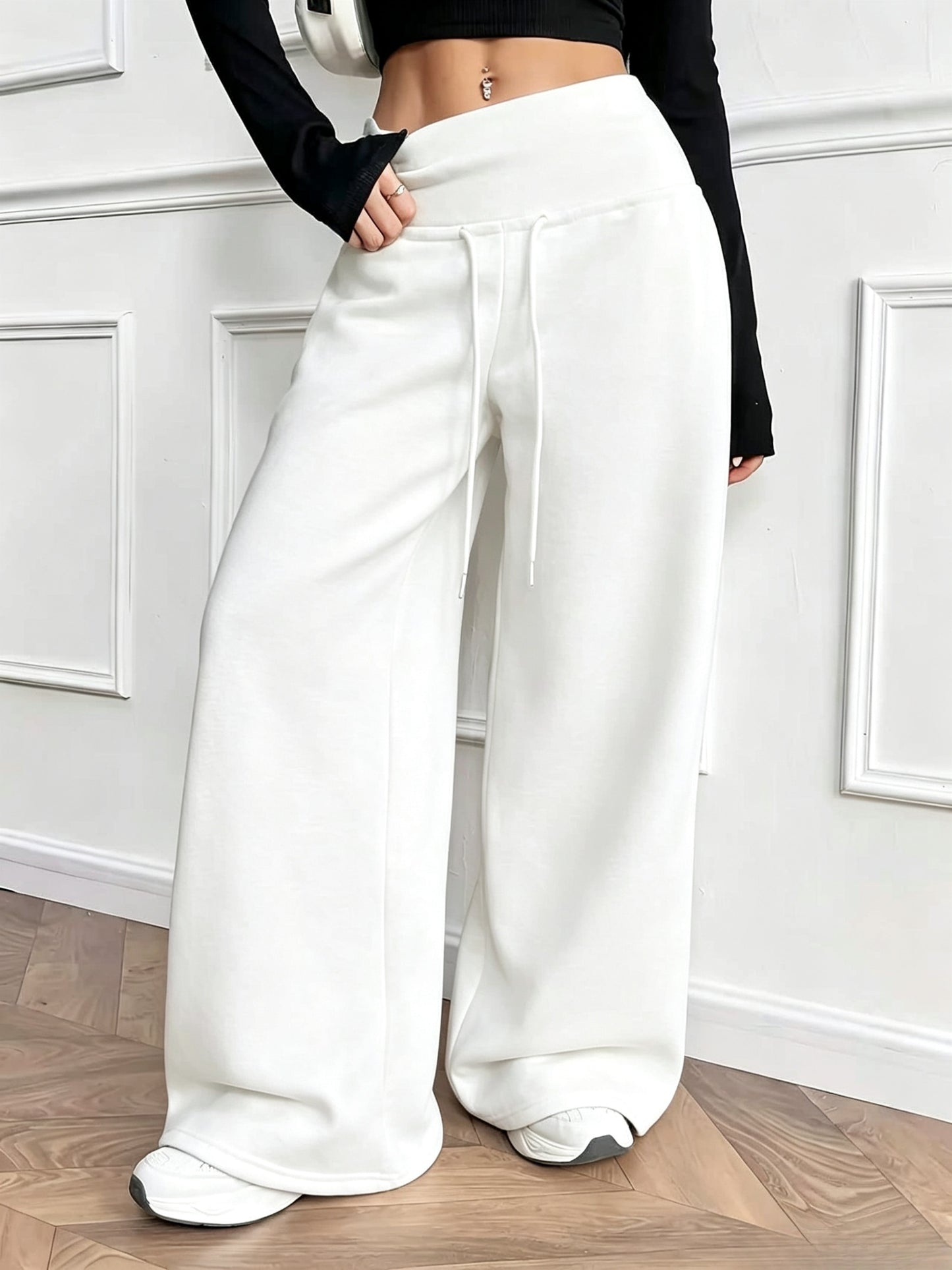 Effortless Fleece Wide Leg Pants for Women with High Waist Drawstring Relaxed Flowing Casual Style