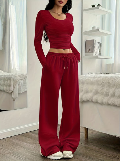 Effortless Wide Leg Set for Women with Round Neck Long Sleeve Ruched Drawstring Two Piece Style