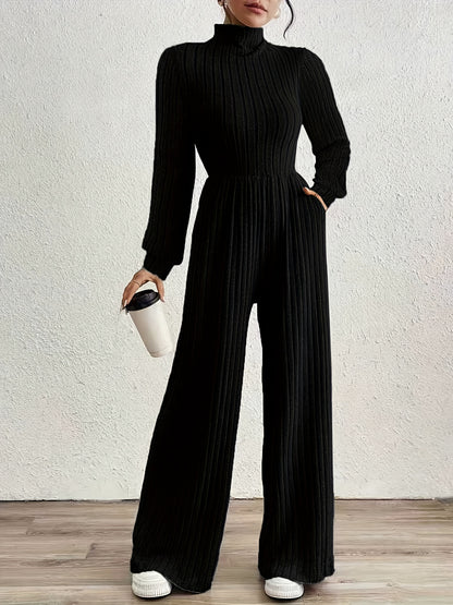 Elegant Ribbed Knit Jumpsuit for Women with Mock Neck Long Sleeve Wide Leg Casual Style