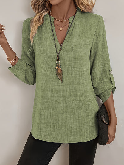 Effortless Linen Blouse for Women with V Neck Roll Tab Sleeve Relaxed Tunic Boho Style