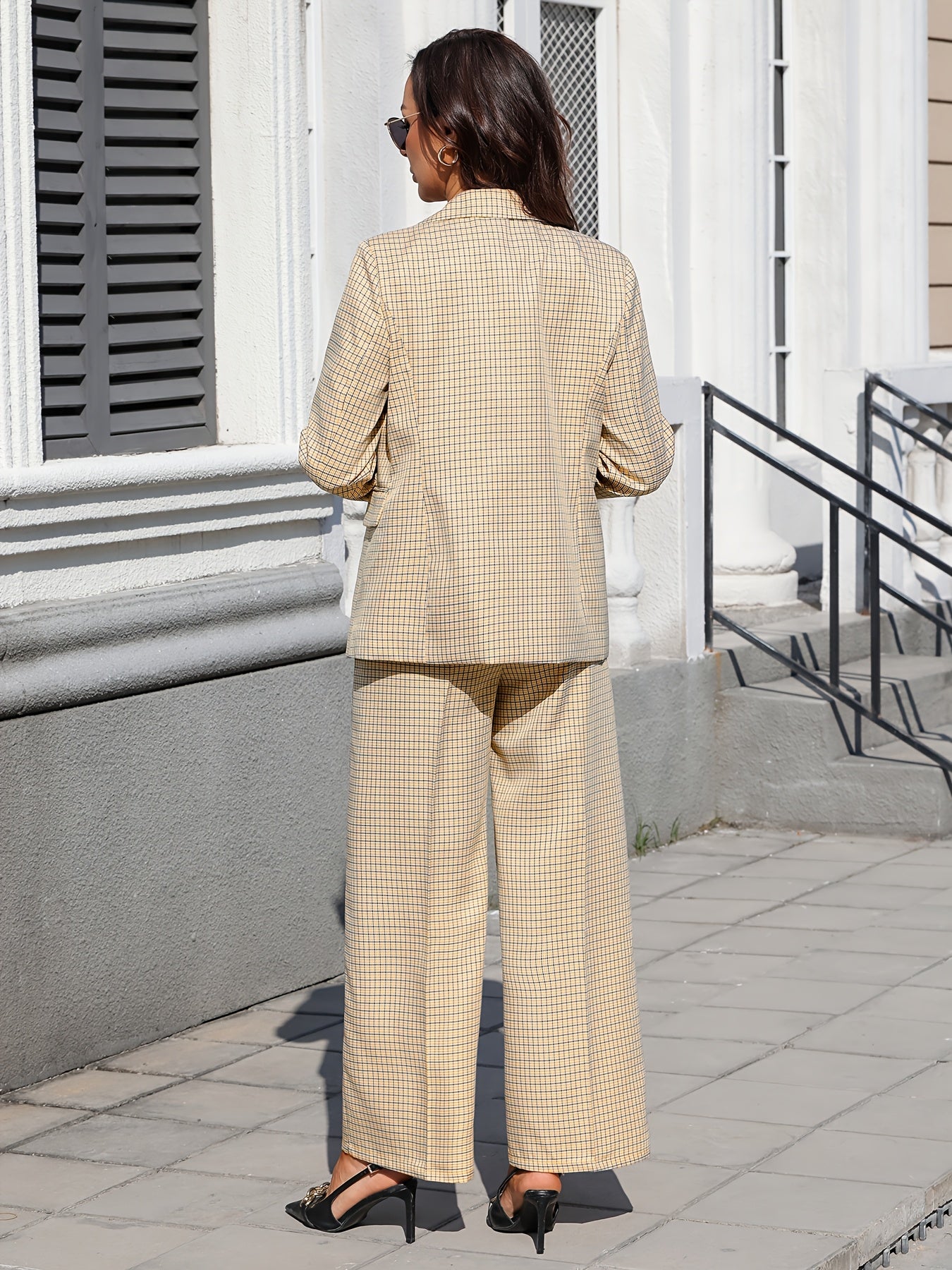 Elegant Plaid Tailored Suit for Women with Lapel Collar Long Sleeve Blazer Wide Leg Two Piece Style