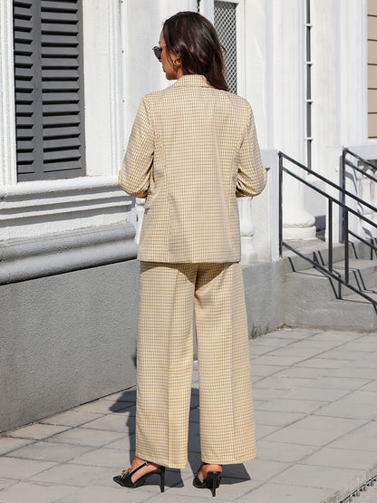 Elegant Plaid Tailored Suit for Women with Lapel Collar Long Sleeve Blazer Wide Leg Two Piece Style
