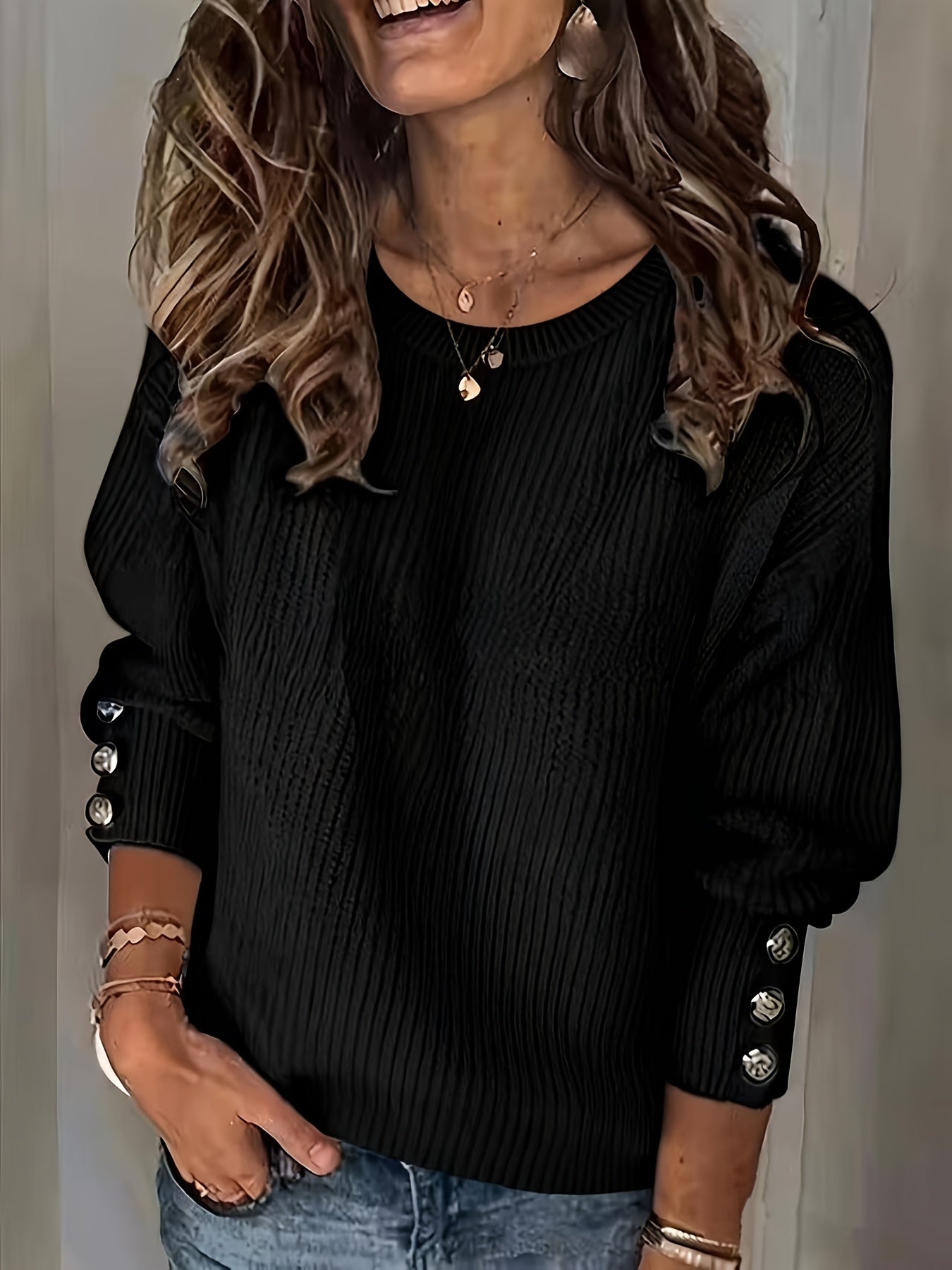 Comfortable Ribbed Knit Sweater for Women with Crew Neck Long Sleeve Button Cuff Relaxed Oversized Style