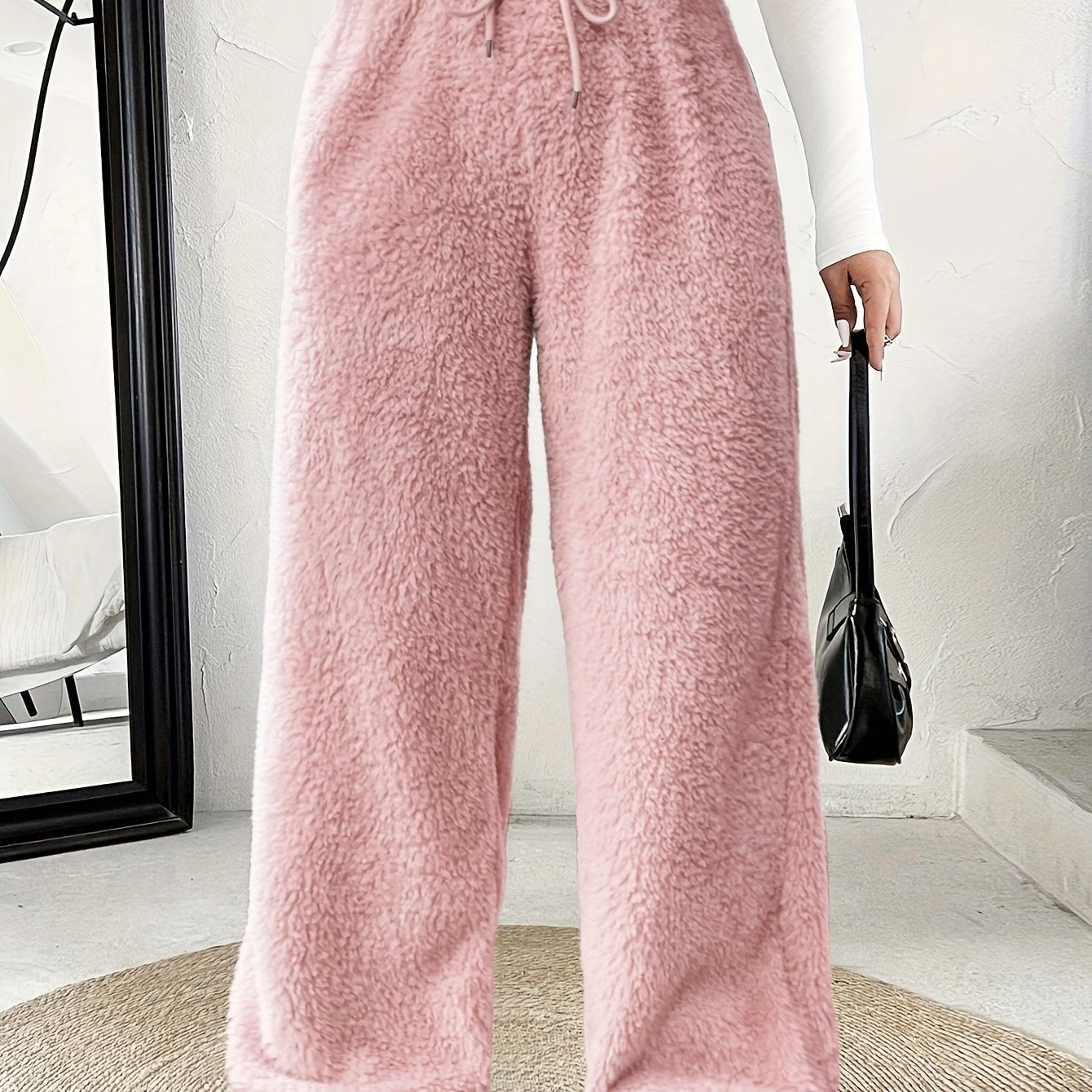 Effortless Fuzzy Fleece Wide Leg Pants for Women with High Waist Drawstring Relaxed Cozy Style