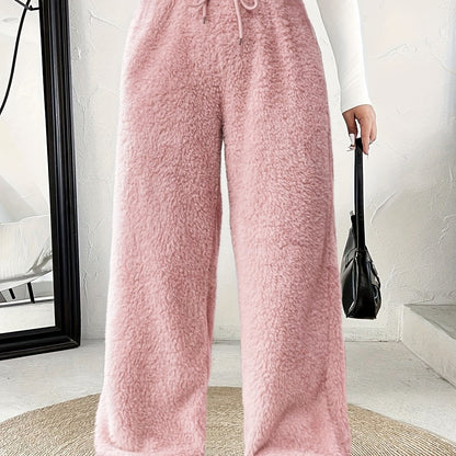 Effortless Fuzzy Fleece Wide Leg Pants for Women with High Waist Drawstring Relaxed Cozy Style