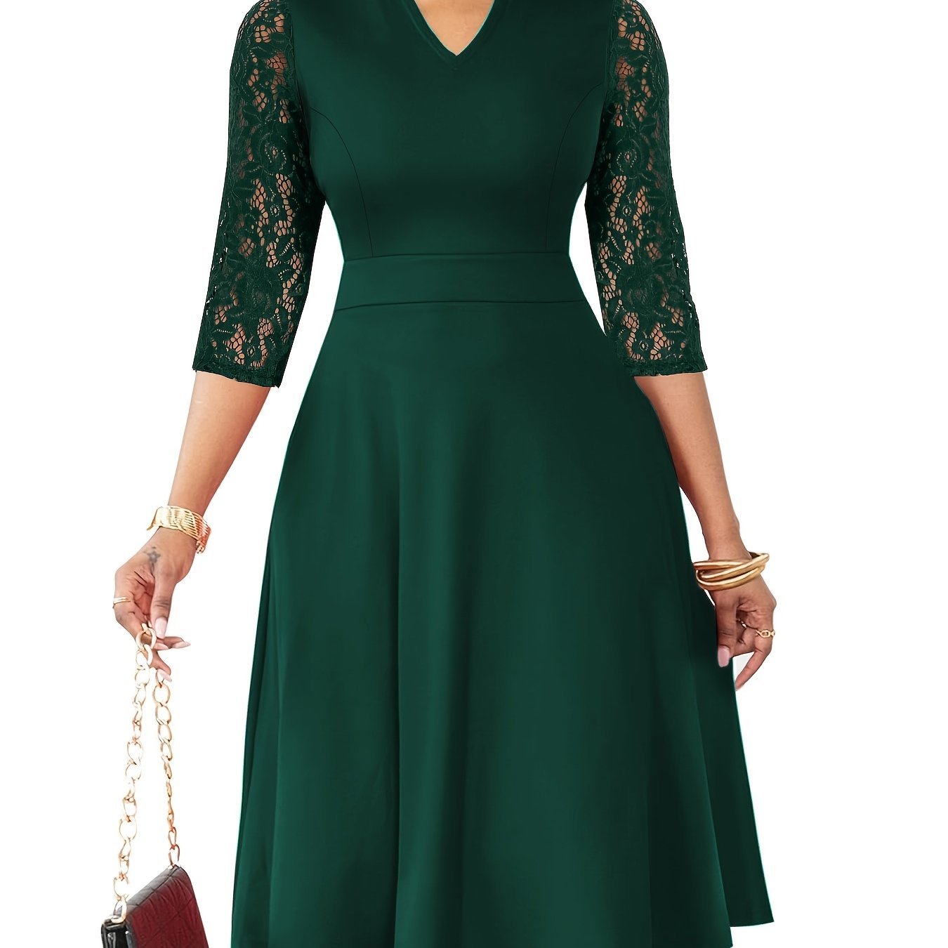 Elegant Lace Midi Dress for Women with Notch Neck Three Quarter Sleeve Fit and Flare Cocktail Style