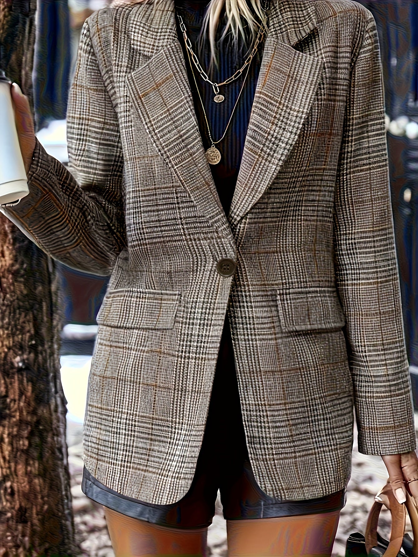 Effortless Plaid Blazer for Women with Notched Lapel Long Sleeve Oversized Relaxed Style