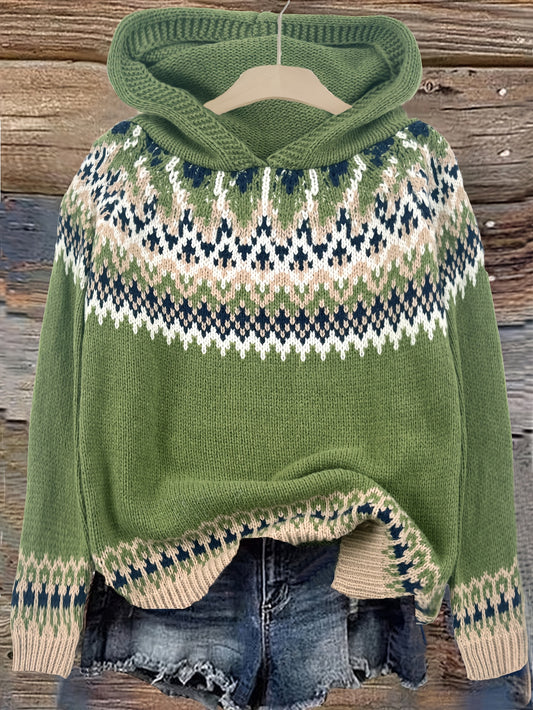 Comfortable Fair Isle Print Sweater for Women with Hooded Long Sleeve Relaxed Oversized Knit Style