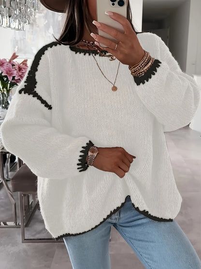 Comfortable Contrast Trim Sweater for Women with Crew Neck Long Sleeve Relaxed Oversized Knit Style