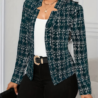 Elegant Plaid Tweed Blazer for Women with Lapel Collar Long Sleeve Open Front Cropped Casual Style